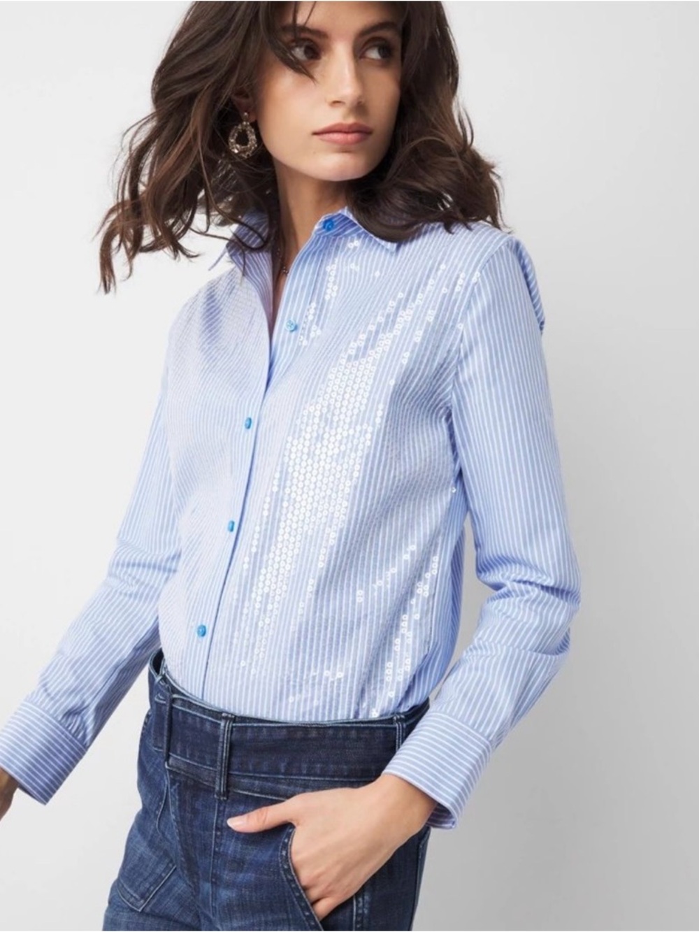 NWOT White House Black Market Light Blue and White Striped Sequin Poplin Blouse